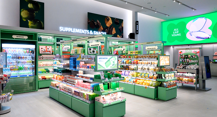 Side view of the Supplements & Snacks section at Olive Young's K-beauty store in Pasadena, CA.